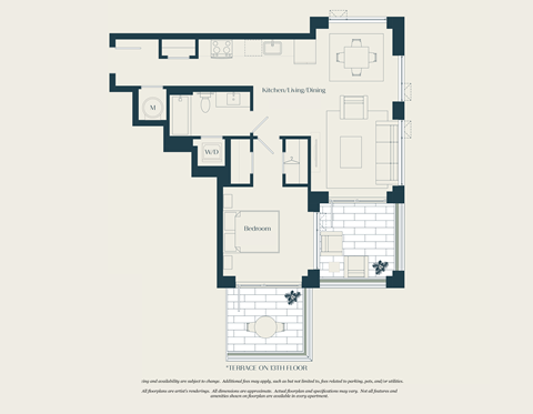 Floor plan for 1 bed, 1 bath, 686 sqft